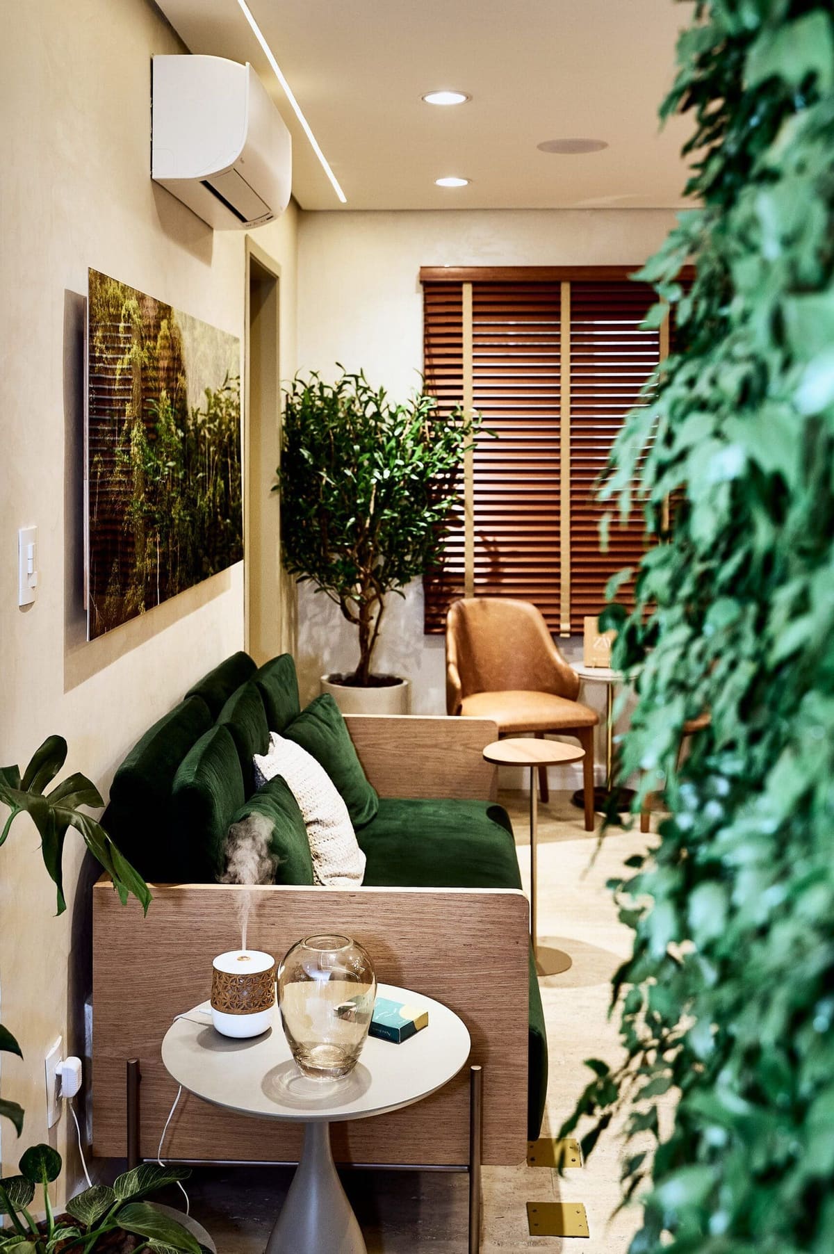 Sala de espera da Zay Dermatologia e Estética em Higienópolis, com sofá de veludo verde, jardim vertical e luz natural